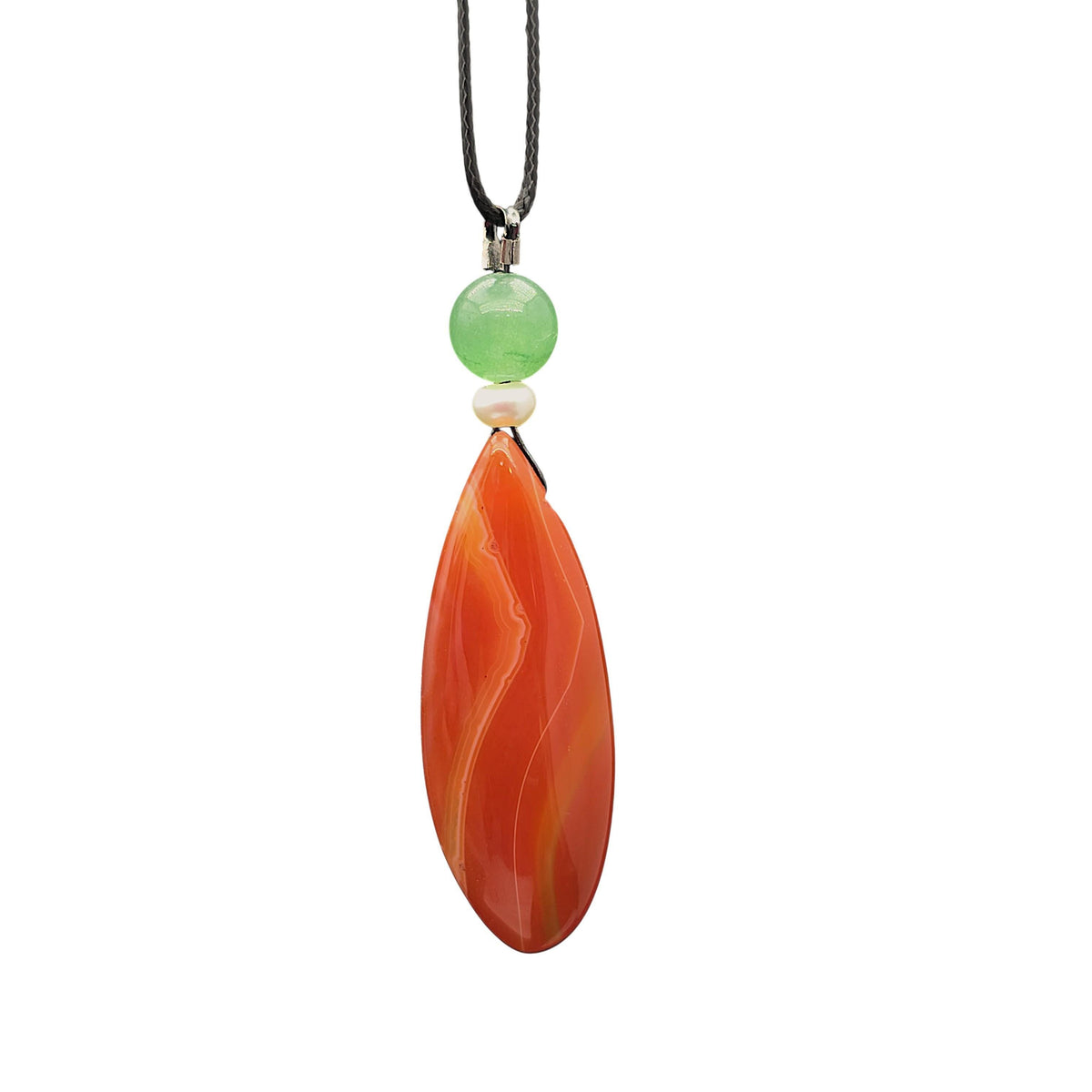 Red Orange Agate Teardrop Necklace, Green Aventurine & Pearl, Adjustable Black Cord, Luck and Calming Energy chunky stone jewelry #2326