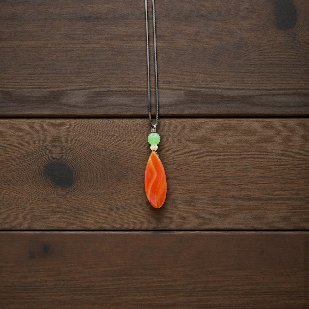 Red Orange Agate Teardrop Necklace, Green Aventurine & Pearl, Adjustable Black Cord, Luck and Calming Energy chunky stone jewelry #2326