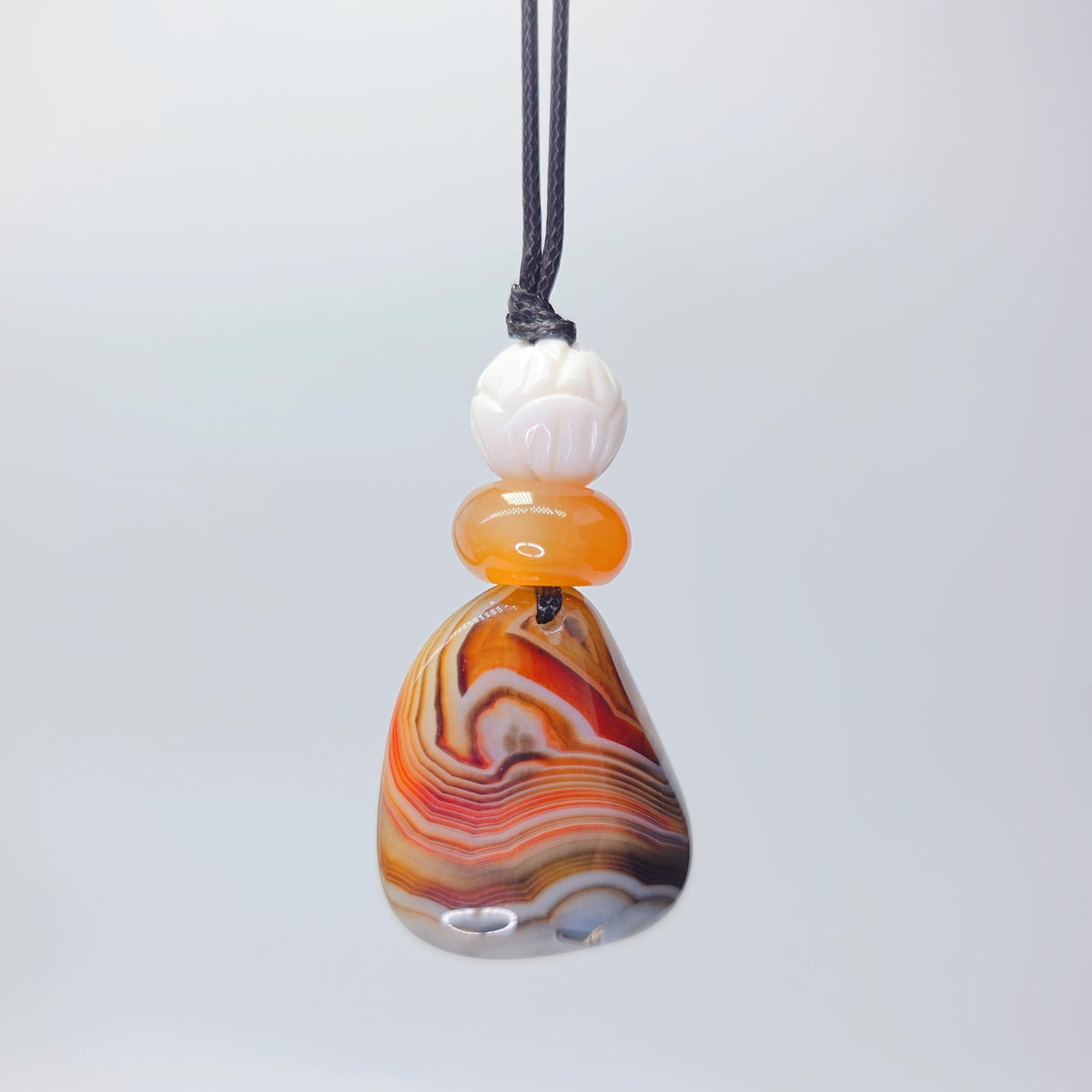 Lace Agate Necklace Natural Red Agate White Shell Lotus Chunky Gemstone Jewelry for Protection, Yoga Birthstone, Adjustable Leather Cord