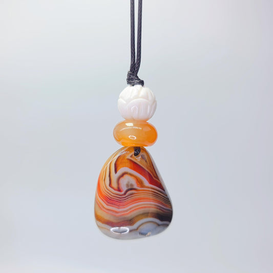 Lace Agate Necklace Natural Red Agate White Shell Lotus Chunky Gemstone Jewelry for Protection, Yoga Birthstone, Adjustable Leather Cord