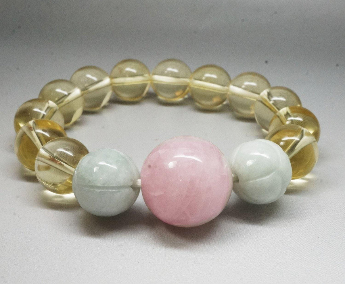 Citrine Bracelet: Rose Quartz & Jade Lotus Flower Beads chunky chunky stone jewelry #2171