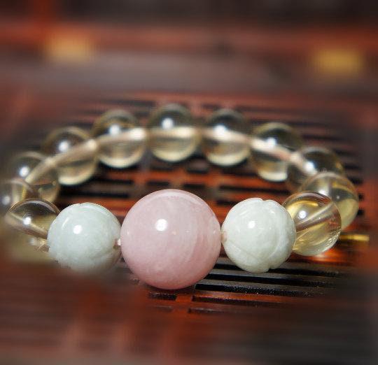 Citrine Bracelet: Rose Quartz & Jade Lotus Flower Beads chunky chunky stone jewelry #2171