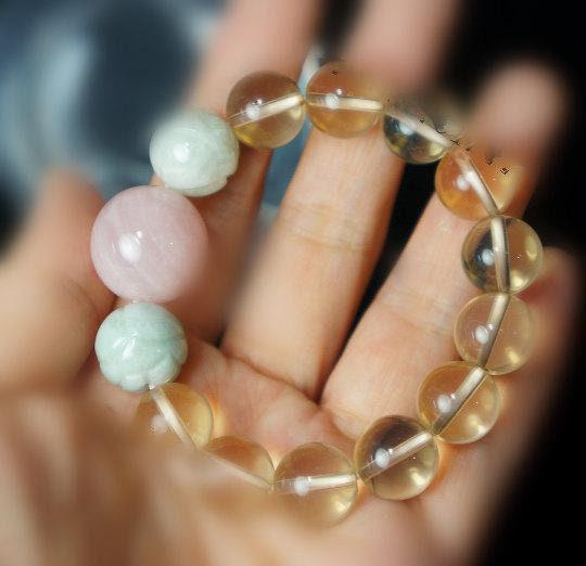 Citrine Bracelet: Rose Quartz & Jade Lotus Flower Beads chunky chunky stone jewelry #2171