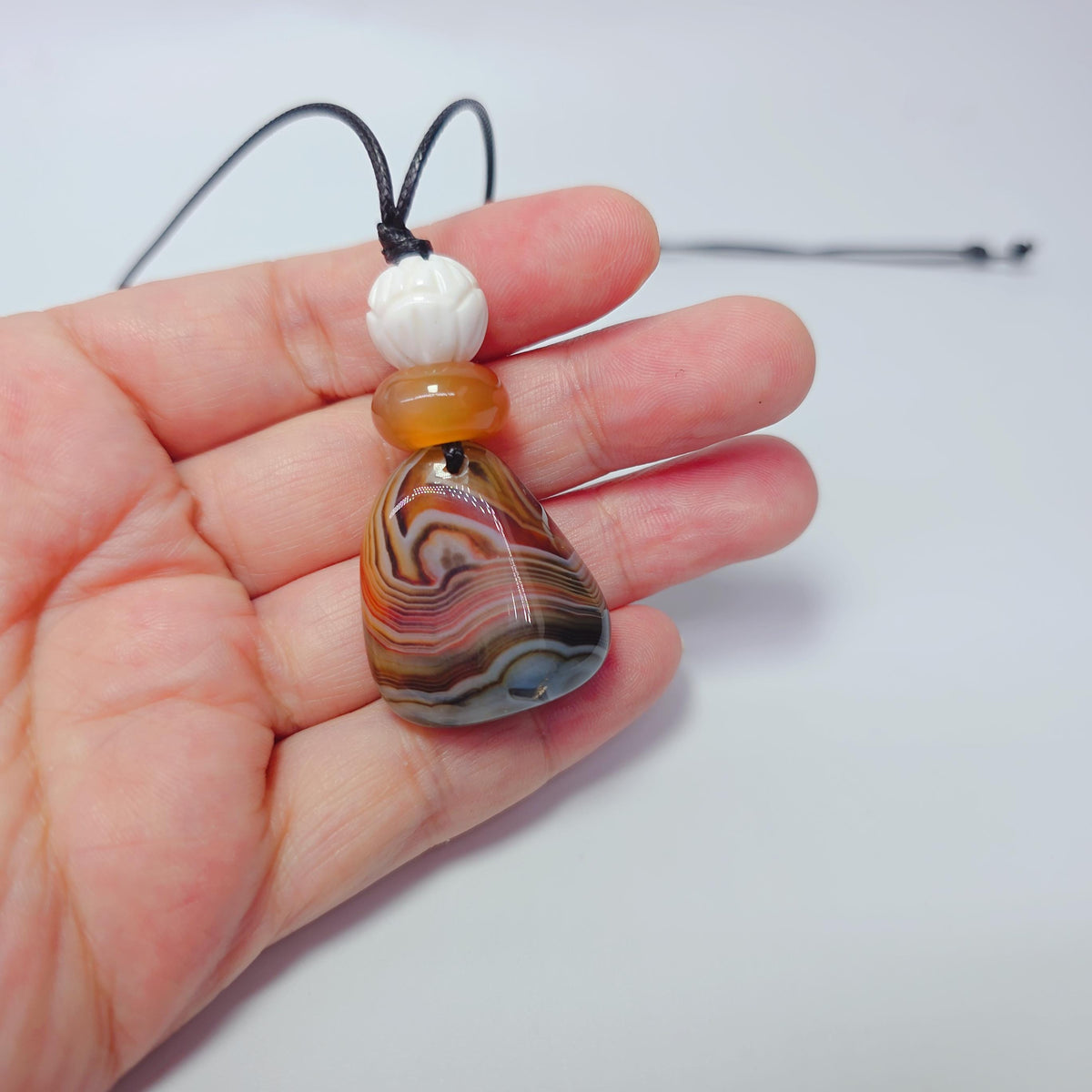 Lace Agate Necklace Natural Red Agate White Shell Lotus Chunky Gemstone Jewelry for Protection, Yoga Birthstone, Adjustable Leather Cord