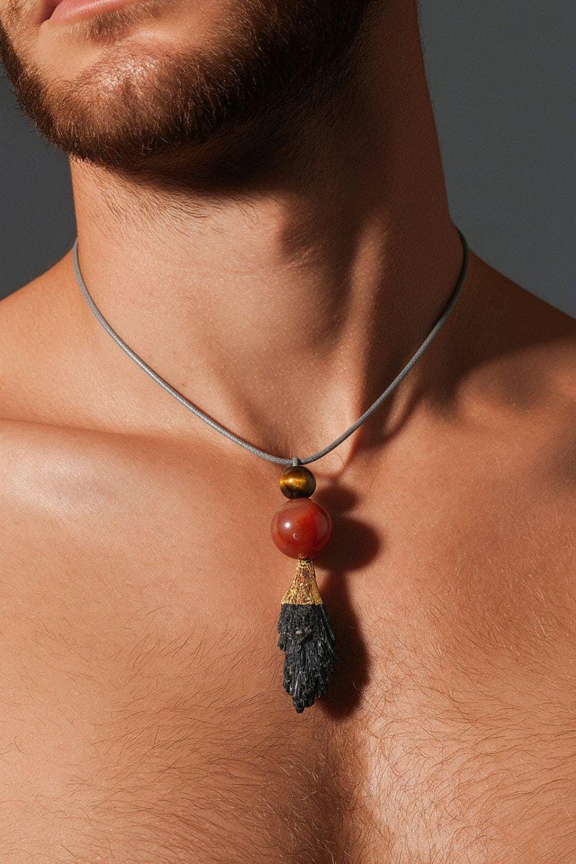 Black Tourmaline Necklace Red Jasper Tiger's Eye Chunky Raw Crystal Pendant for Men Women, Protection Amulet, Adjustable Leather Cord