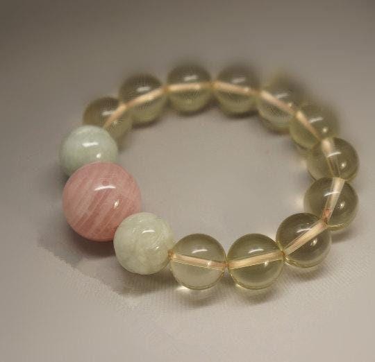 Citrine Bracelet: Rose Quartz & Jade Lotus Flower Beads chunky chunky stone jewelry #2171