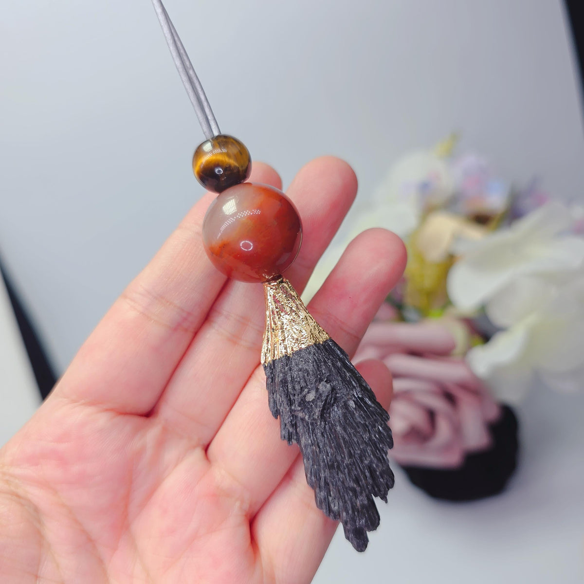 Black Tourmaline Necklace Red Jasper Tiger's Eye Chunky Raw Crystal Pendant for Men Women, Protection Amulet, Adjustable Leather Cord