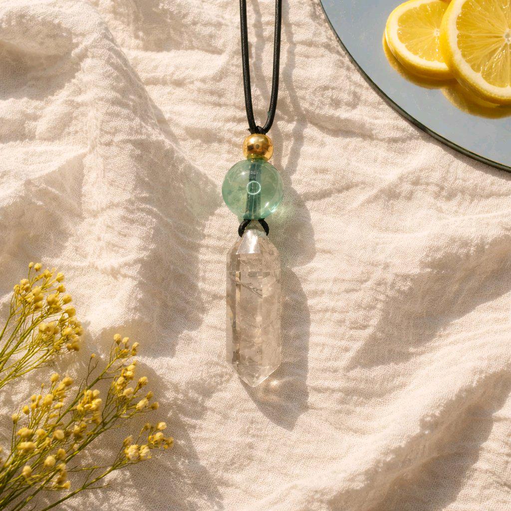 Chunky Smoky Quartz Necklace Quartz Point Green Fluoride Pendant Leather Adjustable Cord Up To 30 inches Crystal Healing Geometric Stone