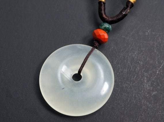 Genuine Jade Donut Necklace: Heart Chakra Healing Boho Pendant, Chunky Stone Spiritual Gift