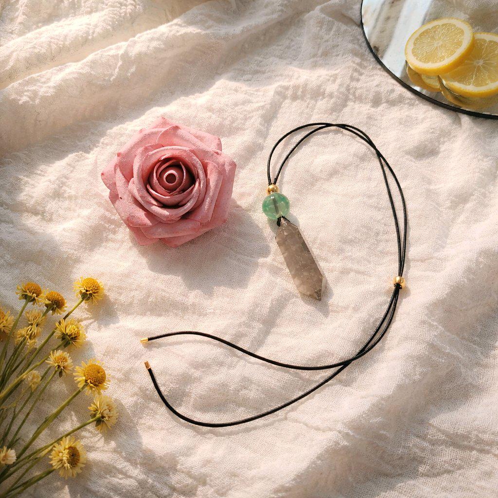 Chunky Smoky Quartz Necklace Quartz Point Green Fluoride Pendant Leather Adjustable Cord Up To 30 inches Crystal Healing Geometric Stone
