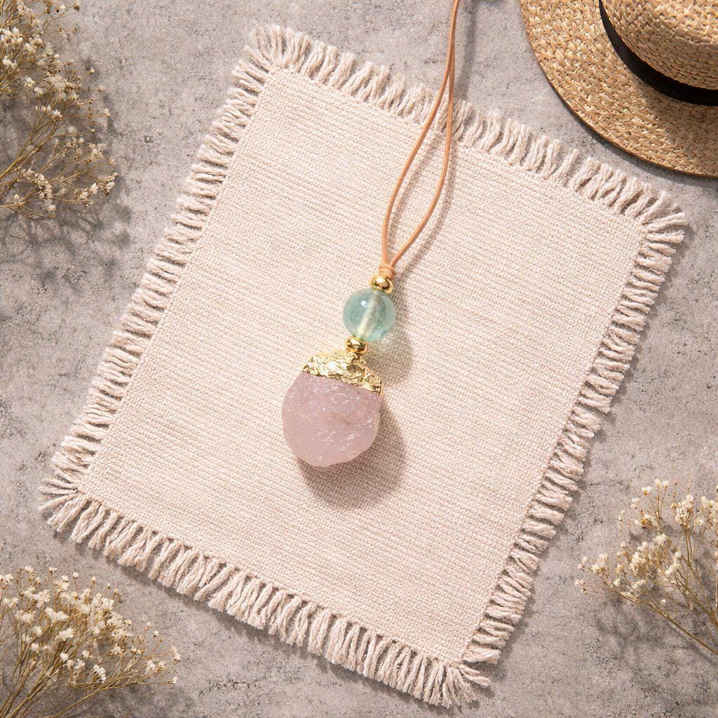 Rose Quartz Necklace, Raw Fluorite Chunky Crystal Pendant, Pink Stone Spiritual Jewelry, Love Healing Gift, adjustable leather cord