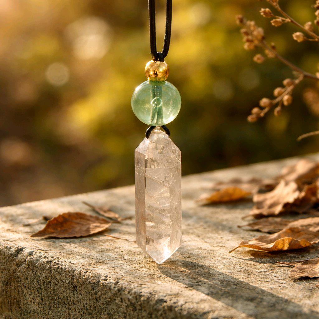 Chunky Smoky Quartz Necklace Quartz Point Green Fluoride Pendant Leather Adjustable Cord Up To 30 inches Crystal Healing Geometric Stone