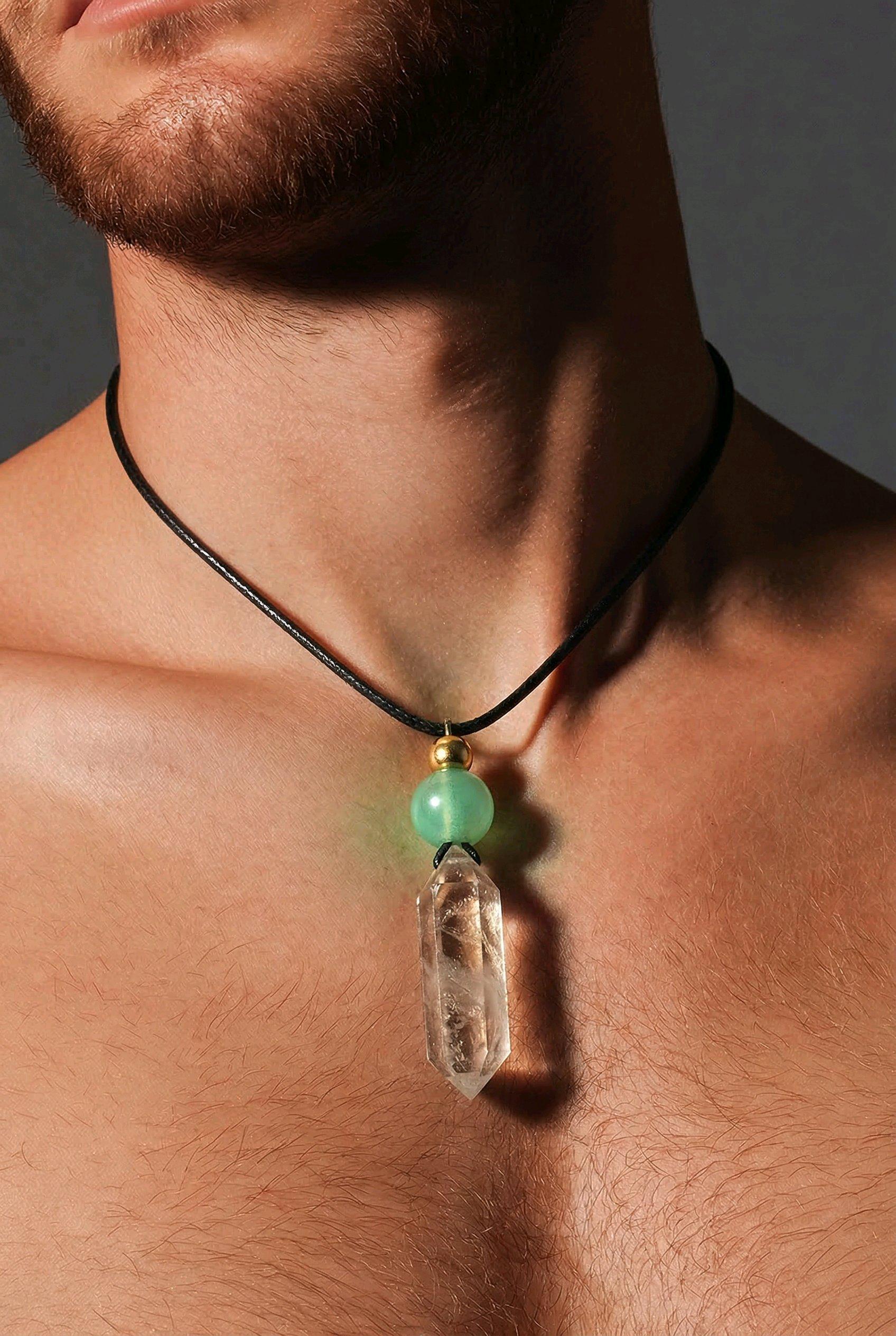 Chunky Smoky Quartz Necklace Quartz Point Green Fluoride Pendant Leather Adjustable Cord Up To 30 inches Crystal Healing Geometric Stone