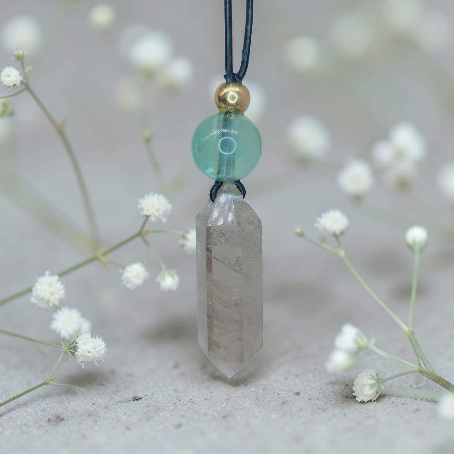 Chunky Smoky Quartz Necklace Quartz Point Green Fluoride Pendant Leather Adjustable Cord Up To 30 inches Crystal Healing Geometric Stone
