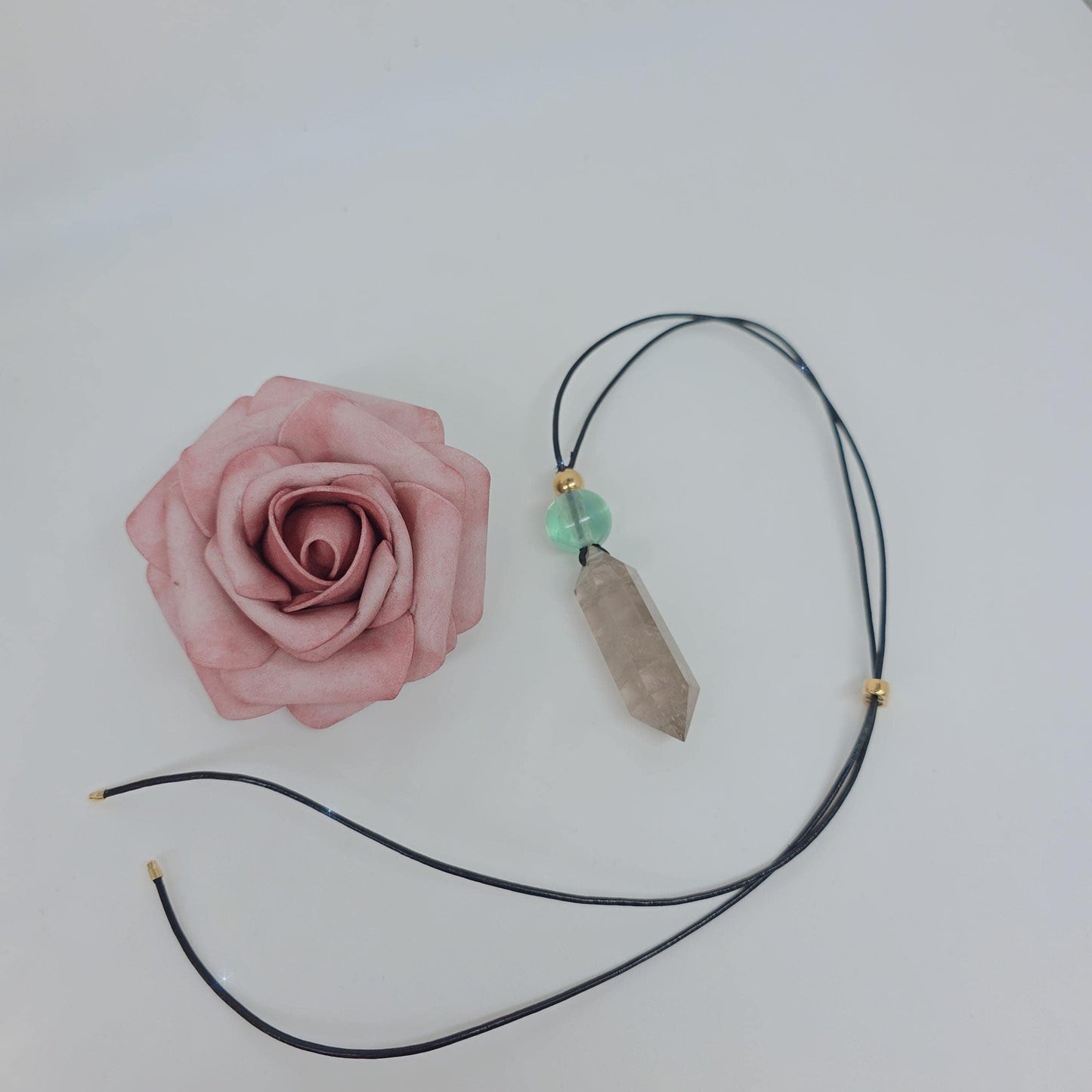 Chunky Smoky Quartz Necklace Quartz Point Green Fluoride Pendant Leather Adjustable Cord Up To 30 inches Crystal Healing Geometric Stone