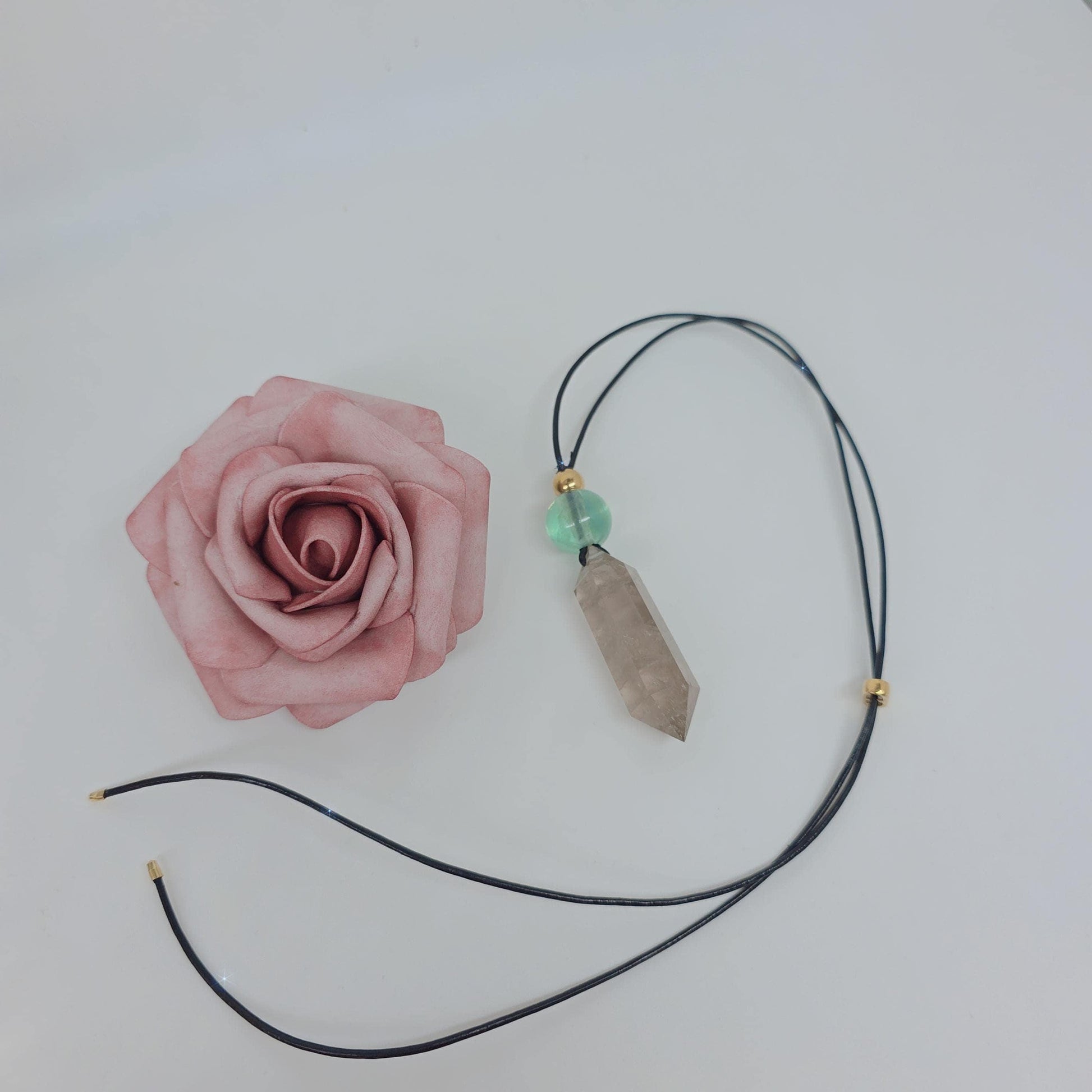 Chunky Smoky Quartz Necklace Quartz Point Green Fluoride Pendant Leather Adjustable Cord Up To 30 inches Crystal Healing Geometric Stone