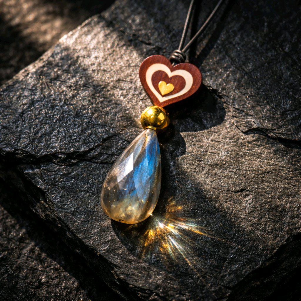 Labradorite Necklace Red Sandalwood Heart Chunky Magic Stone Pendant for Women, Spiritual Healing, Adjustable Leather Cord