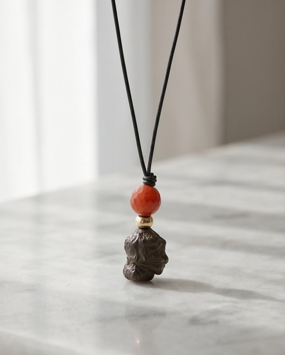 Meteorite Necklace, Genuine irregular Black Chunky meteorite pendant, red jasper, Real leather adjustable cord up to 30 inches men, women