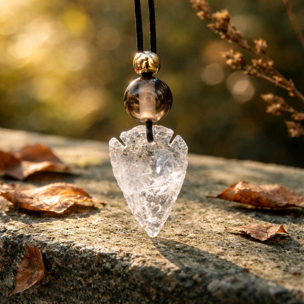 Clear Quartz Arrowhead Necklace Smoky Quartz Chunky Crystal Pendant for Men Women, Spiritual Protection, Adjustable Leather Cord