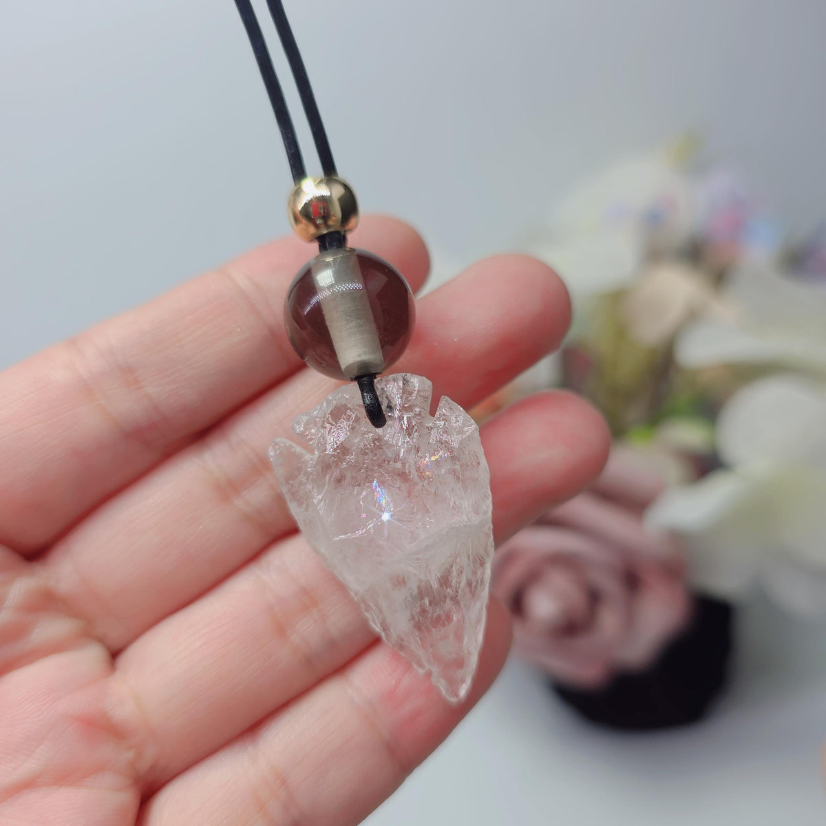 Clear Quartz Arrowhead Necklace Smoky Quartz Chunky Crystal Pendant for Men Women, Spiritual Protection, Adjustable Leather Cord