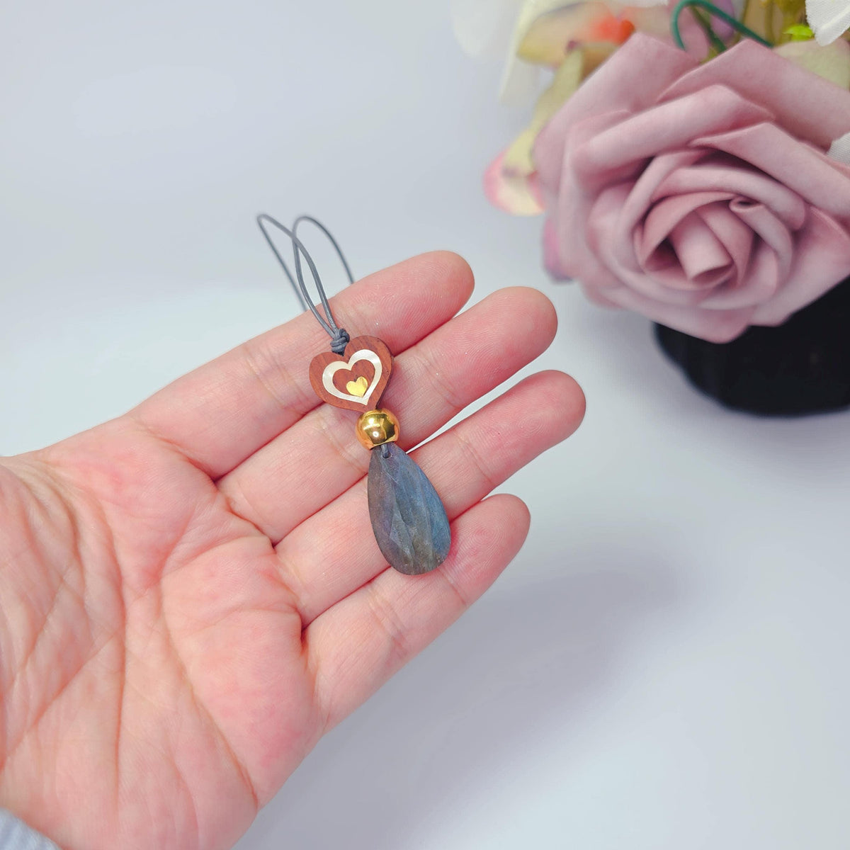 Labradorite Necklace Red Sandalwood Heart Chunky Magic Stone Pendant for Women, Spiritual Healing, Adjustable Leather Cord