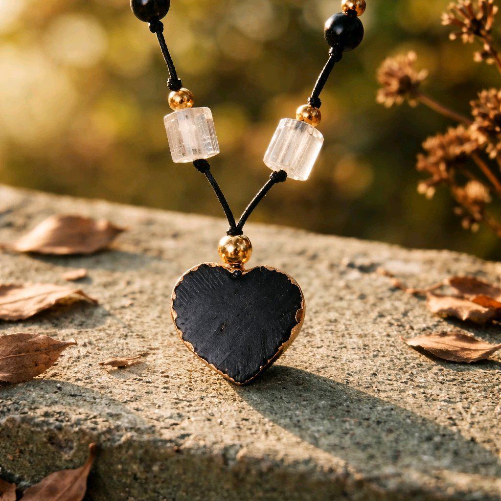 Black Tourmaline Necklace Heart Crystal Protection Jewelry for Her Chunky Raw Stone Pendant Gift with Adjustable Chain