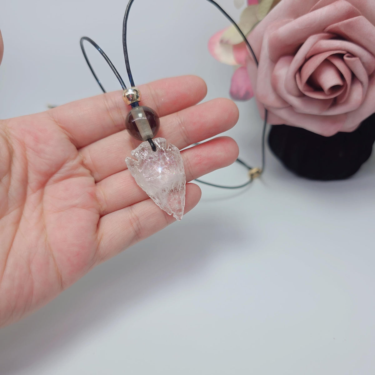 Clear Quartz Arrowhead Necklace Smoky Quartz Chunky Crystal Pendant for Men Women, Spiritual Protection, Adjustable Leather Cord