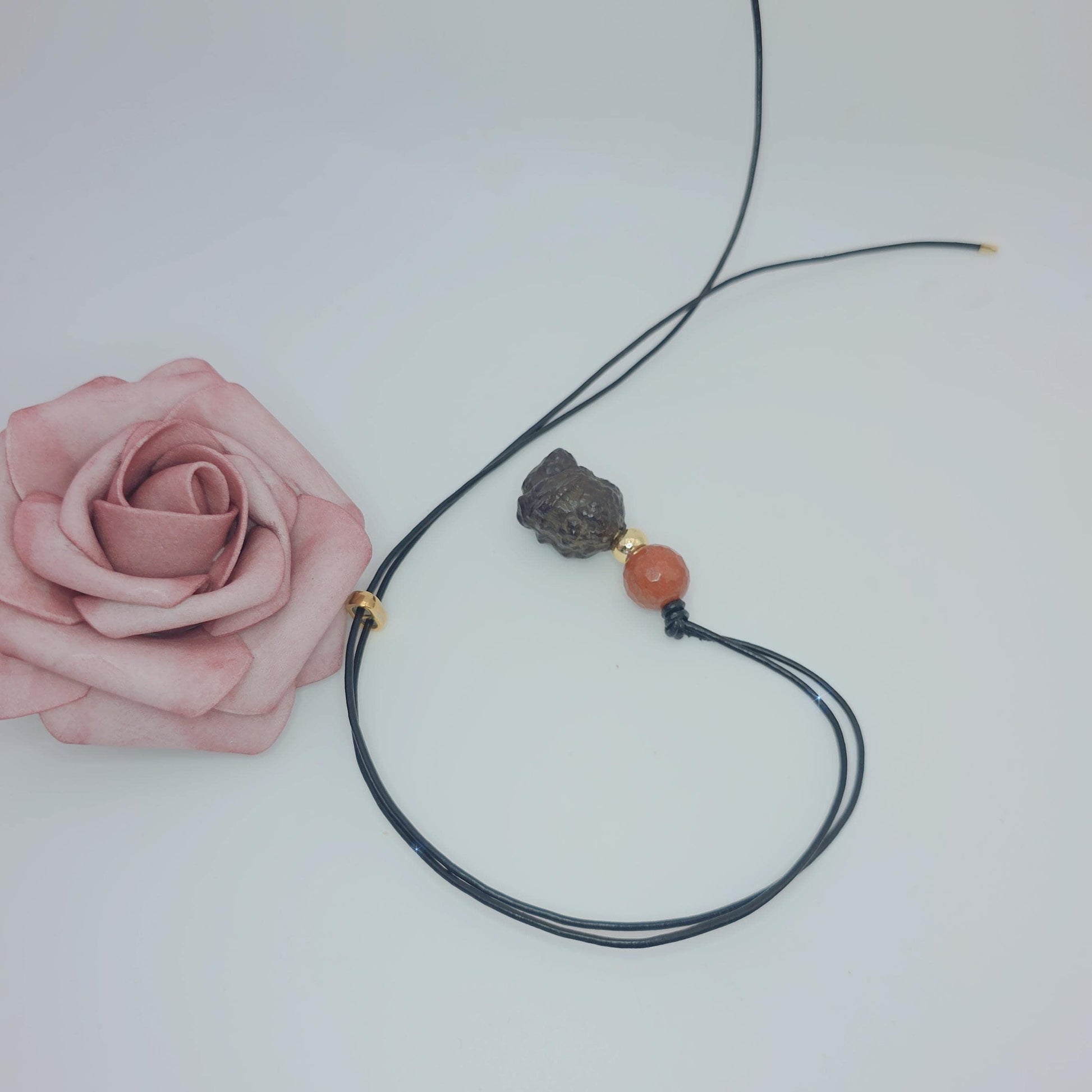Meteorite Necklace, Genuine irregular Black Chunky meteorite pendant, red jasper, Real leather adjustable cord up to 30 inches men, women