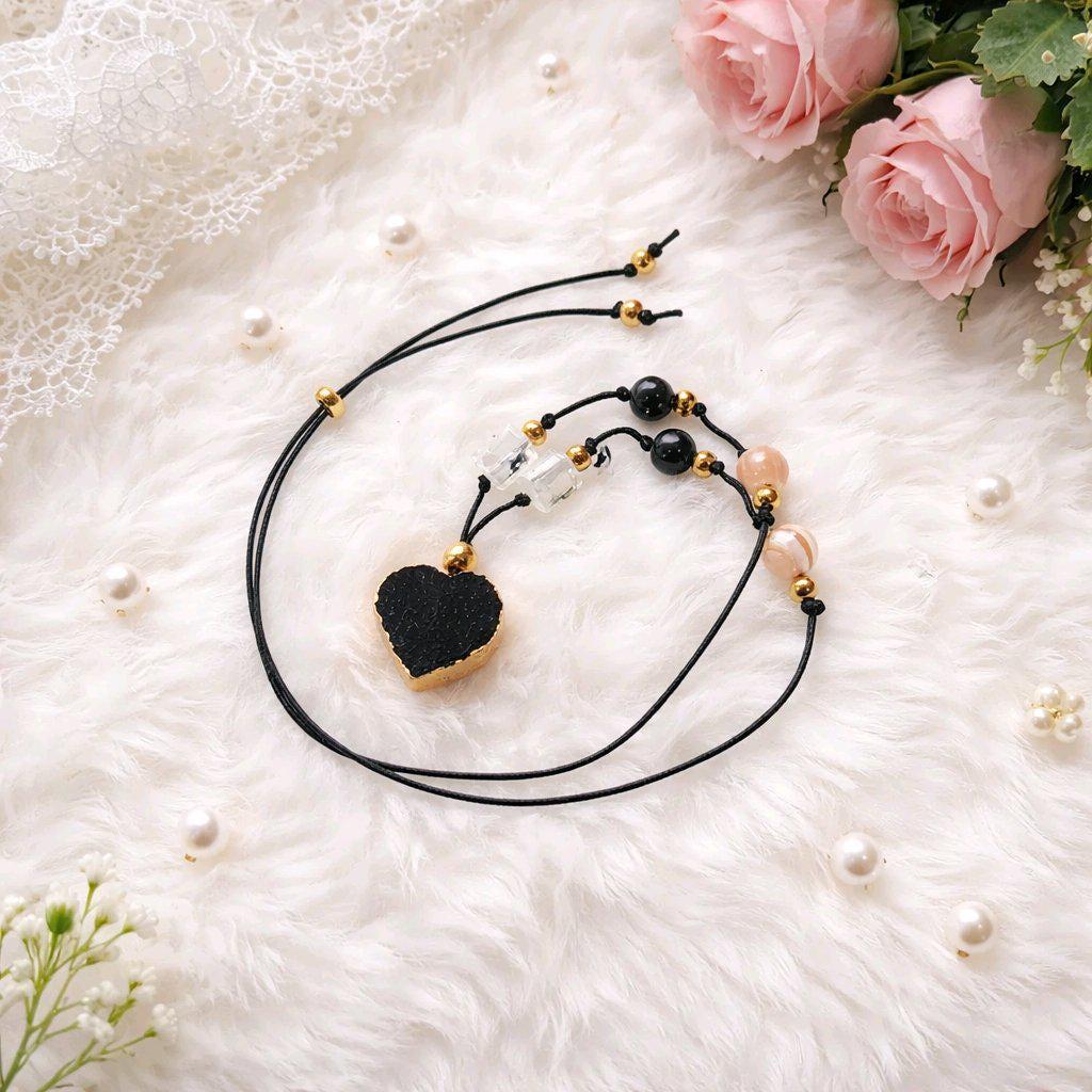 Black Tourmaline Necklace Heart Crystal Protection Jewelry for Her Chunky Raw Stone Pendant Gift with Adjustable Chain