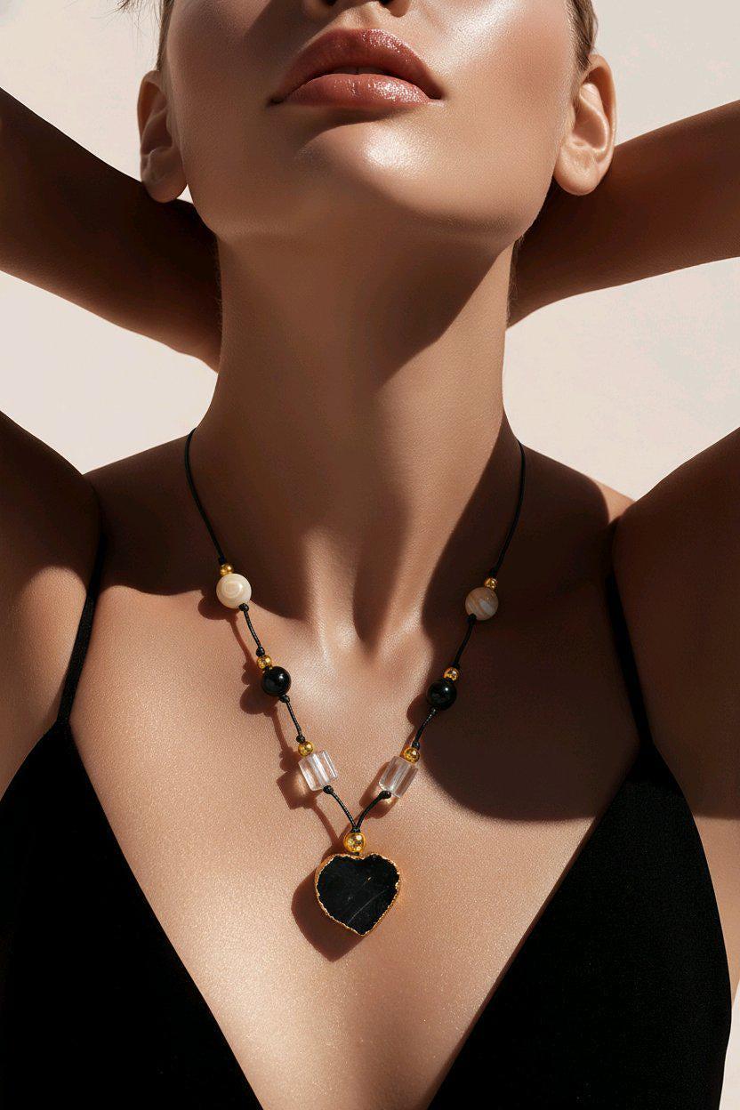 Black Tourmaline Necklace Heart Crystal Protection Jewelry for Her Chunky Raw Stone Pendant Gift with Adjustable Chain