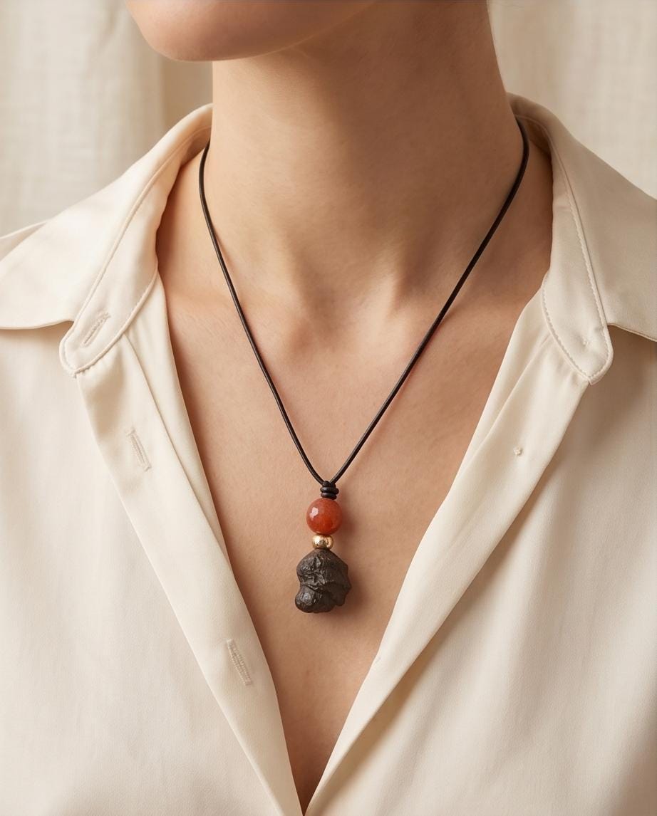 Meteorite Necklace, Genuine irregular Black Chunky meteorite pendant, red jasper, Real leather adjustable cord up to 30 inches men, women