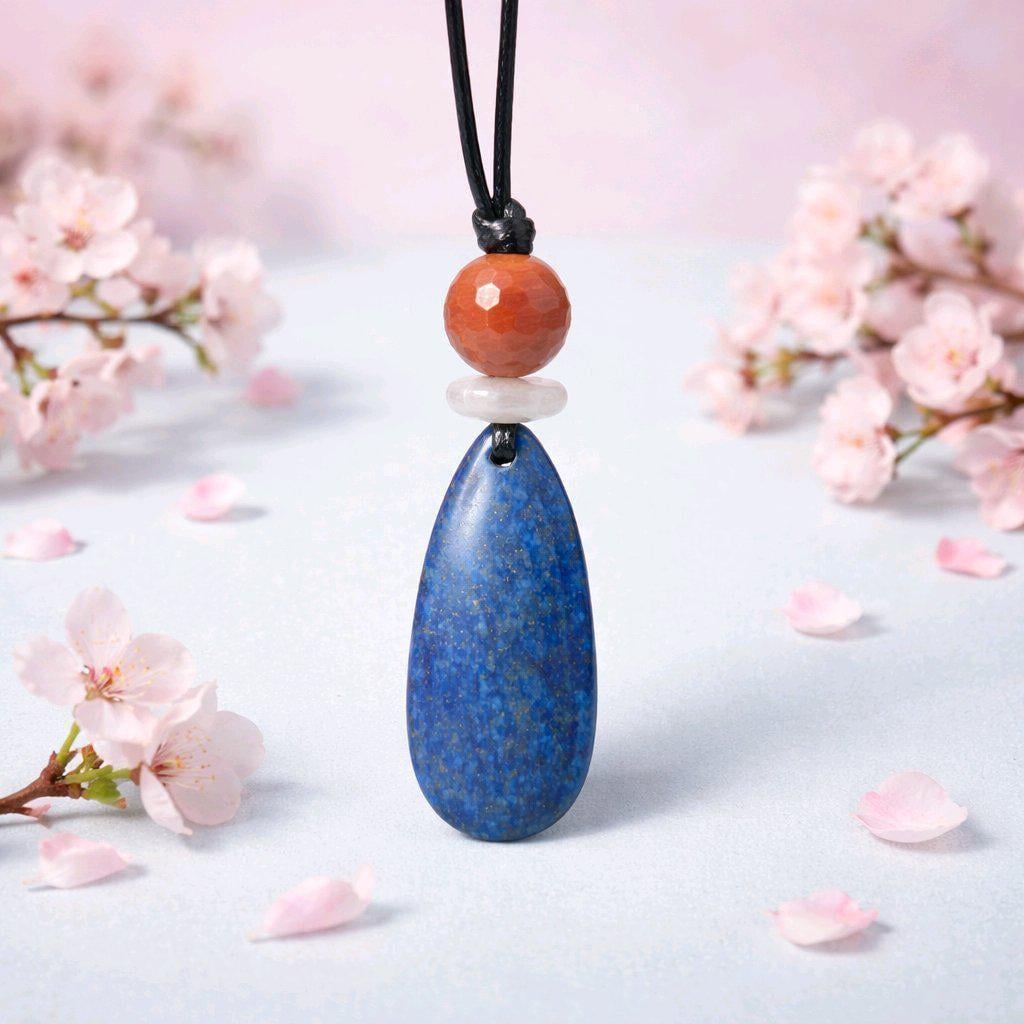 Chunky Lapis lazuli Necklace Natural Pearl Pendant Geometric Red Jasper Jewelry Adjustable Vegan Leather Up to 30 inches