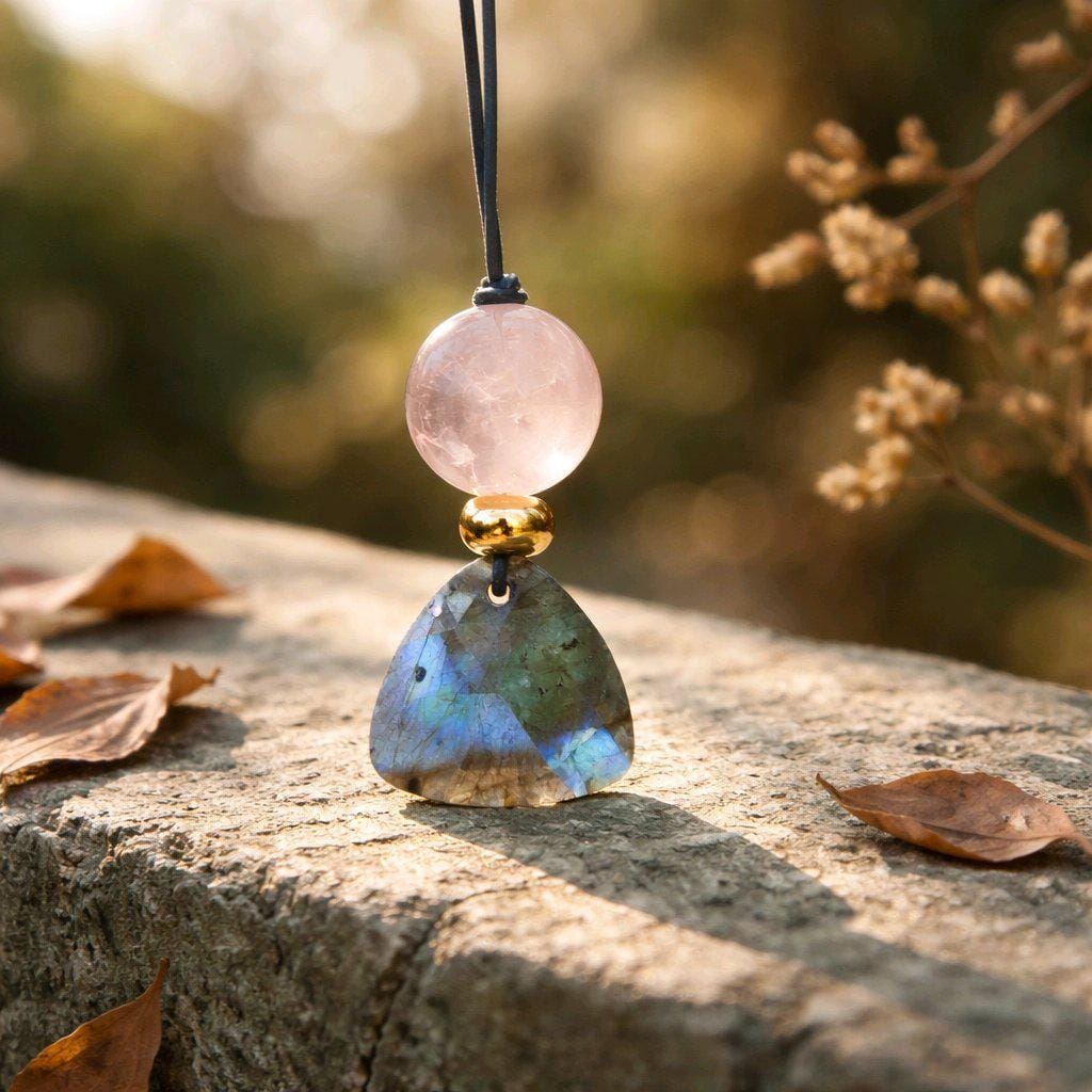 Labradorite Rose Quartz Necklace Natural Crystal Chunky Stone Jewelry for Women Spiritual Protection Adjustable Leather Cord up to 24 inches