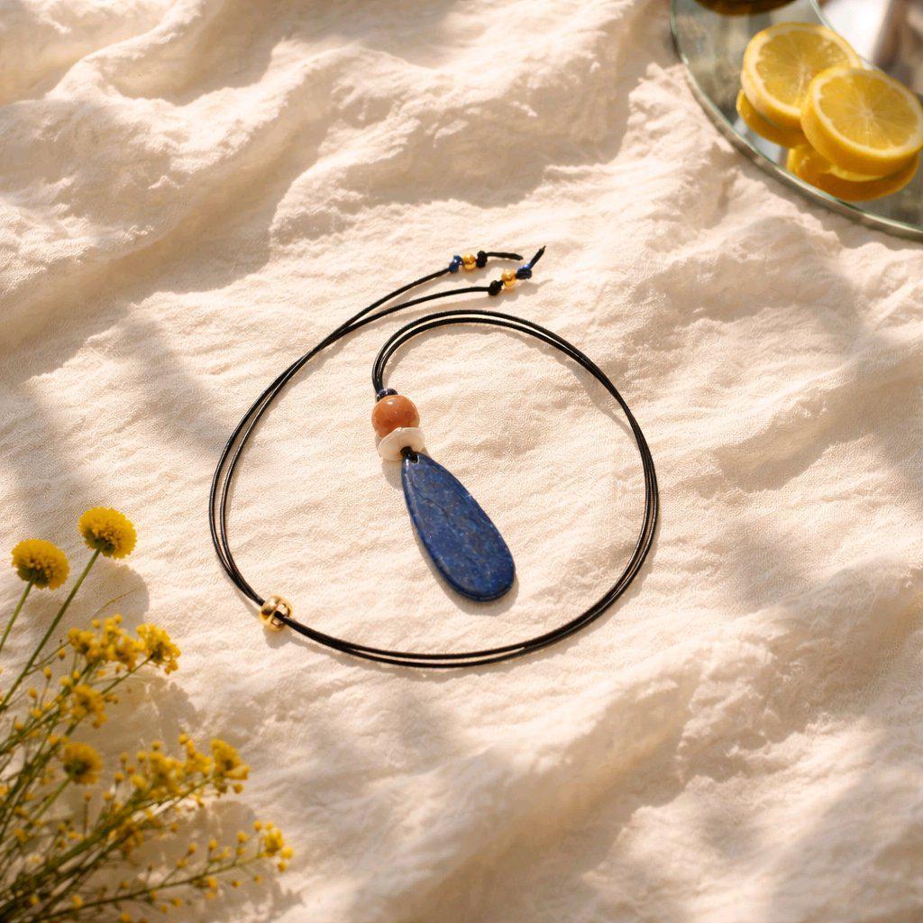 Chunky Lapis lazuli Necklace Natural Pearl Pendant Geometric Red Jasper Jewelry Adjustable Vegan Leather Up to 30 inches