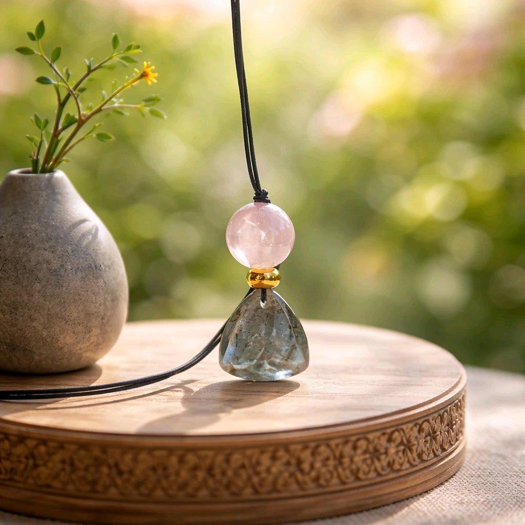 Labradorite Rose Quartz Necklace Natural Crystal Chunky Stone Jewelry for Women Spiritual Protection Adjustable Leather Cord up to 24 inches