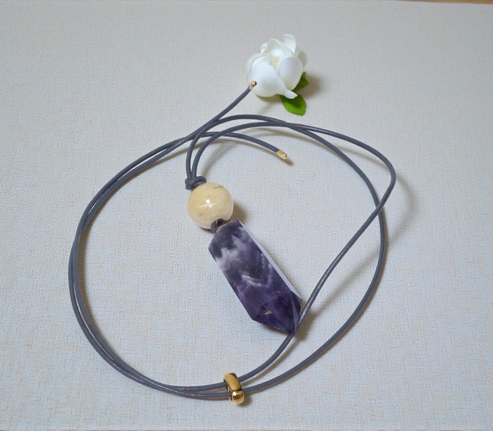 Geometric Chevron Amethyst Crystal Point Necklace, Chunky Dreamy Amethyst with Yellow Jade, Adjustable Leather Cord up to 30 Inches