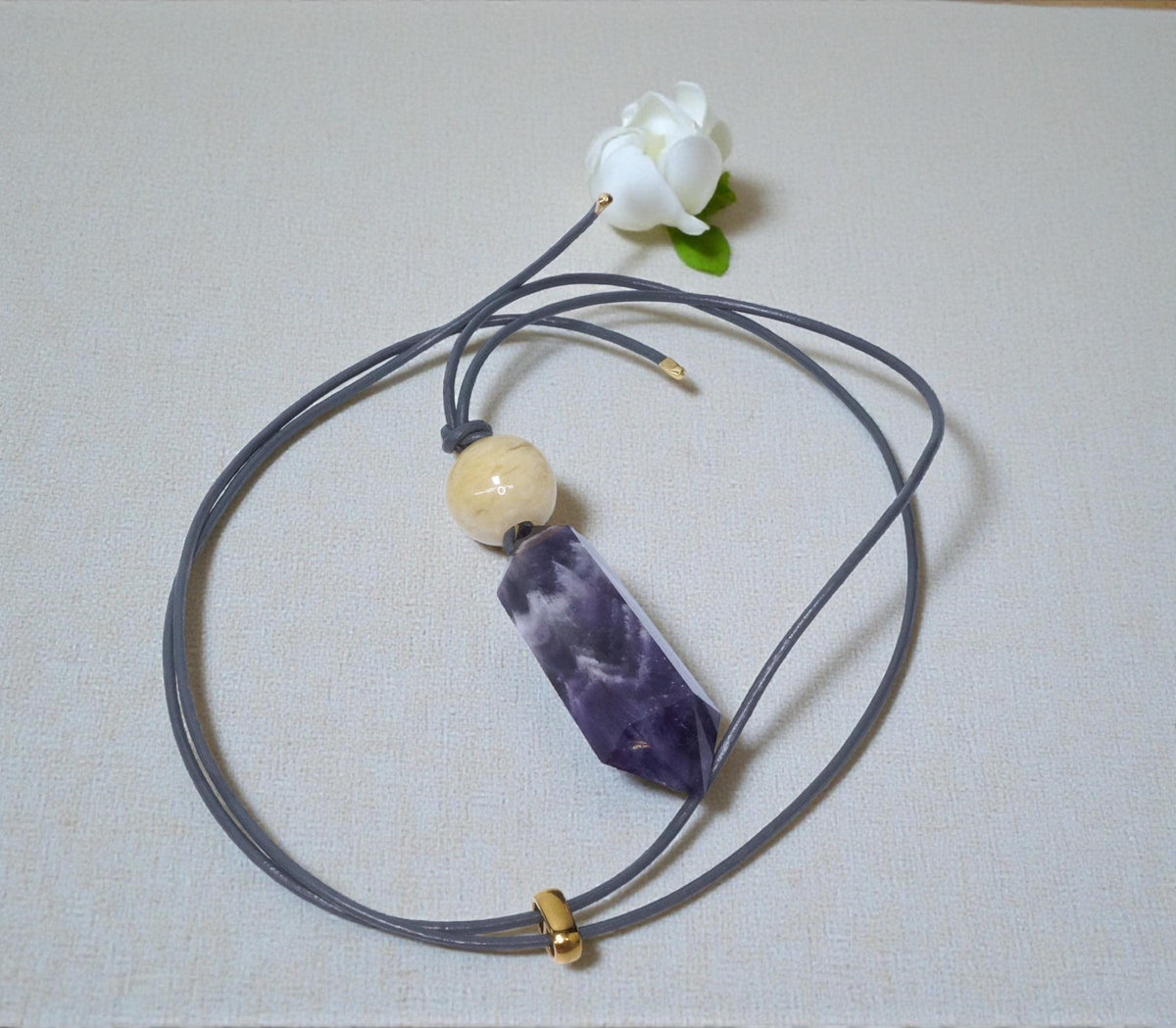 Geometric Chevron Amethyst Crystal Point Necklace, Chunky Dreamy Amethyst with Yellow Jade, Adjustable Leather Cord up to 30 Inches