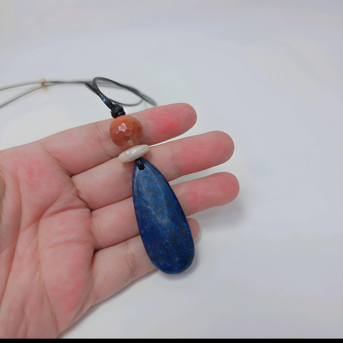 Chunky Lapis lazuli Necklace Natural Pearl Pendant Geometric Red Jasper Jewelry Adjustable Vegan Leather Up to 30 inches