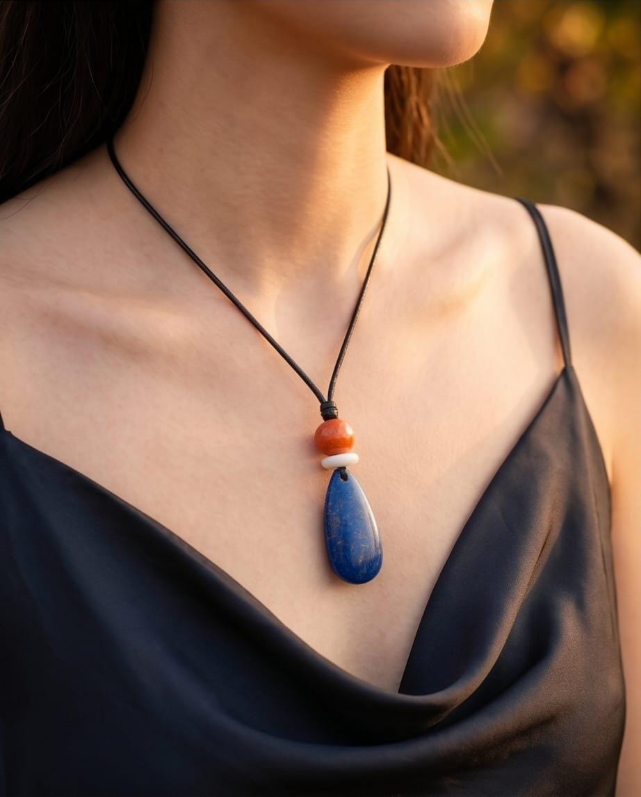 Chunky Lapis lazuli Necklace Natural Pearl Pendant Geometric Red Jasper Jewelry Adjustable Vegan Leather Up to 30 inches