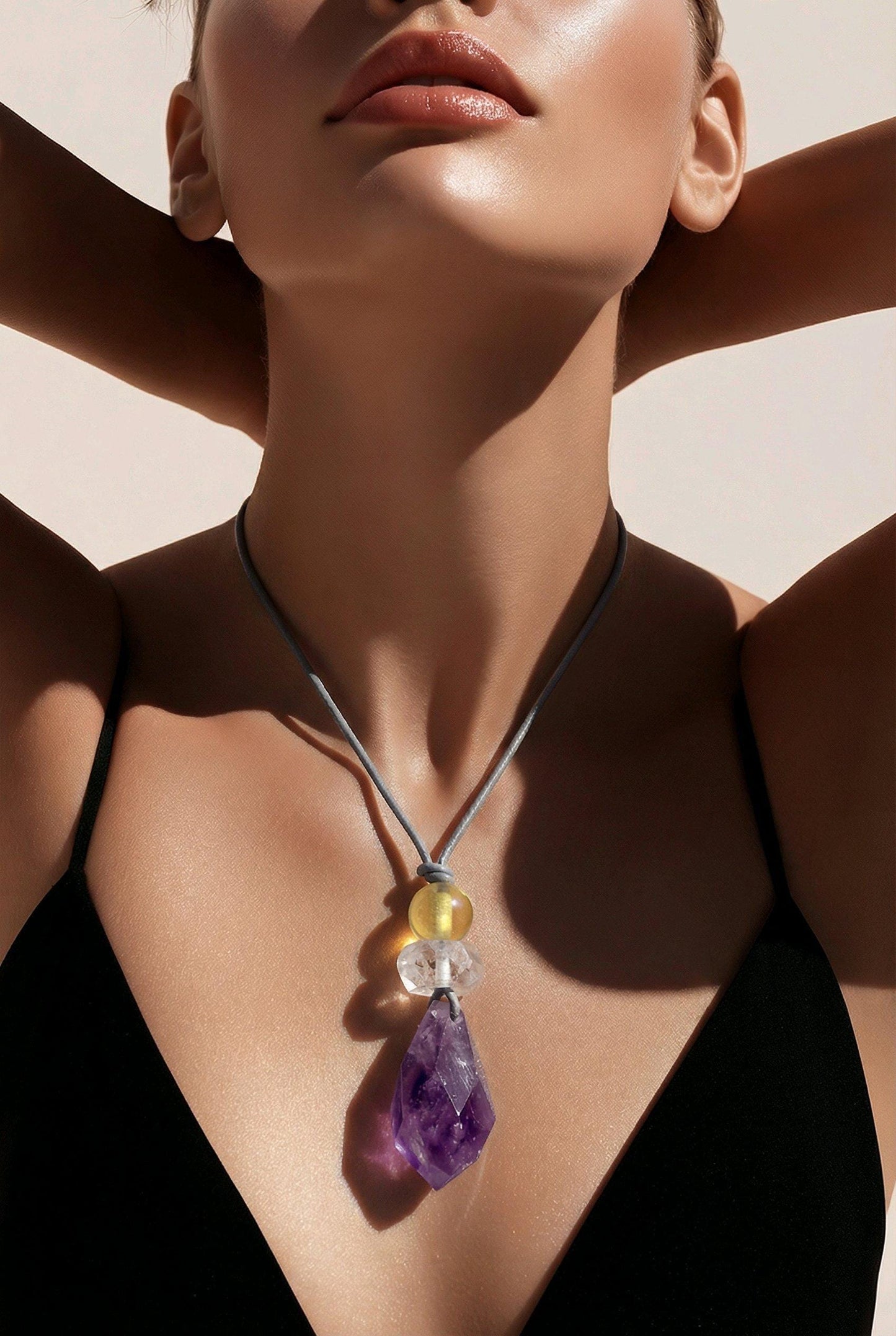 Chunky amethyst Necklace Clear Quartz Pendant Raw Crystal Jewelry citrine Birthstone Gift real leather cord adjustable up to 30 inches.