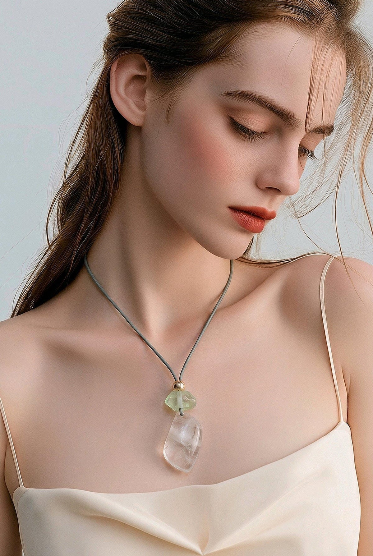 Rose quartz leaf necklace, aura green clear quartz pendant, crystal healing energy jewelry Chunky Geometric quartz adjustable leather 30 in