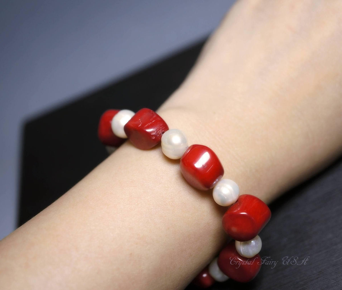 Red Coral & Freshwater Pearl Bracelet - Boho Gemstone Jewelry, Chunky Stone Gift