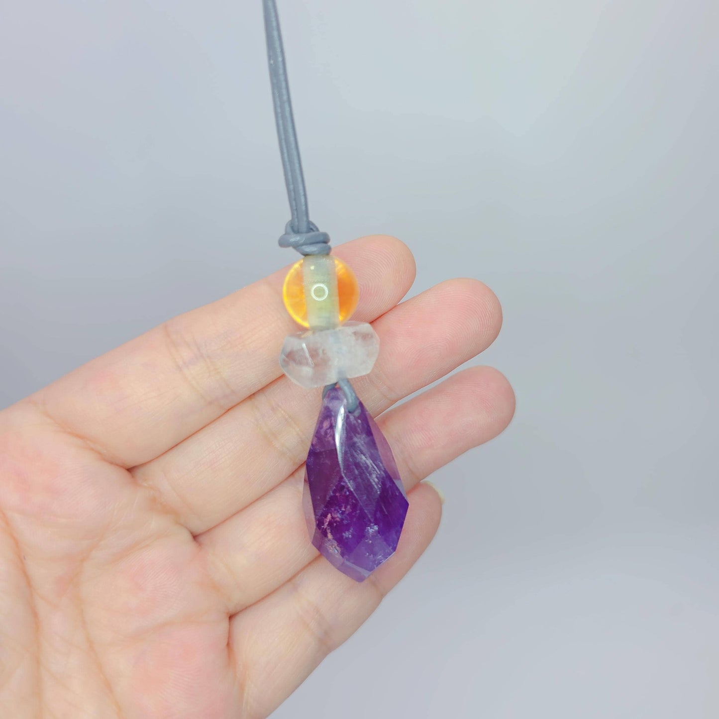 Chunky amethyst Necklace Clear Quartz Pendant Raw Crystal Jewelry citrine Birthstone Gift real leather cord adjustable up to 30 inches.
