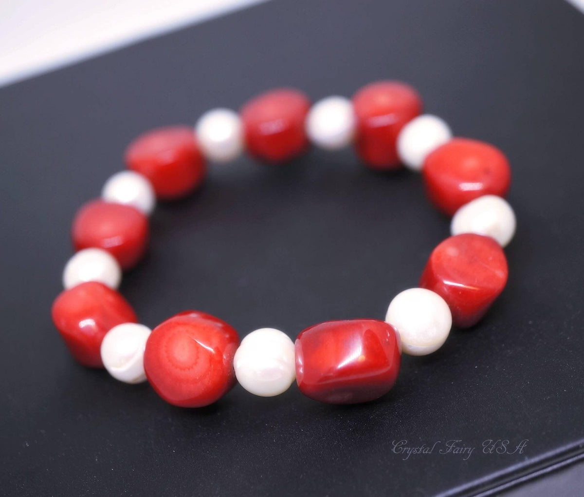 Red Coral & Freshwater Pearl Bracelet - Boho Gemstone Jewelry, Chunky Stone Gift