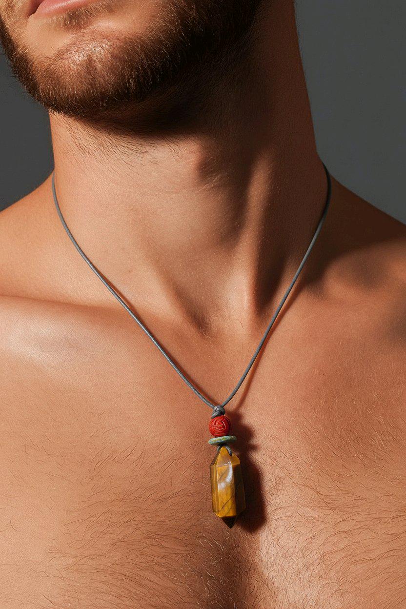 Tiger's Eye Necklace Natural Crystal Chunky Point Pendant for Men and Women Healing Talisman Jewelry Adjustable Leather Cord