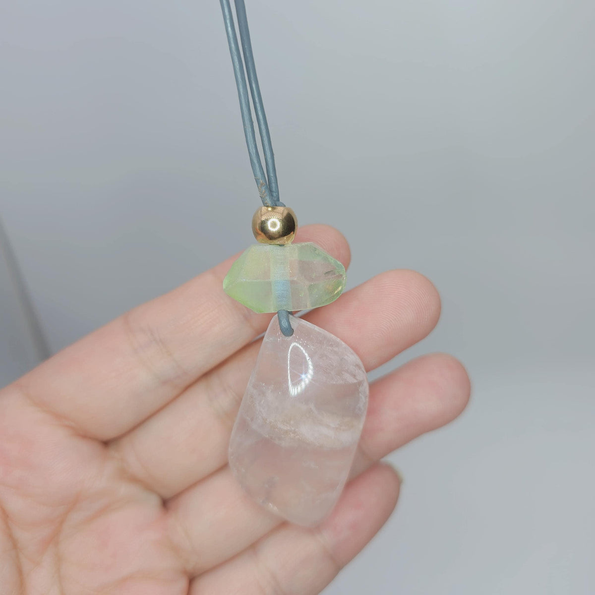 Rose quartz leaf necklace, aura green clear quartz pendant, crystal healing energy jewelry Chunky Geometric quartz adjustable leather 30 in