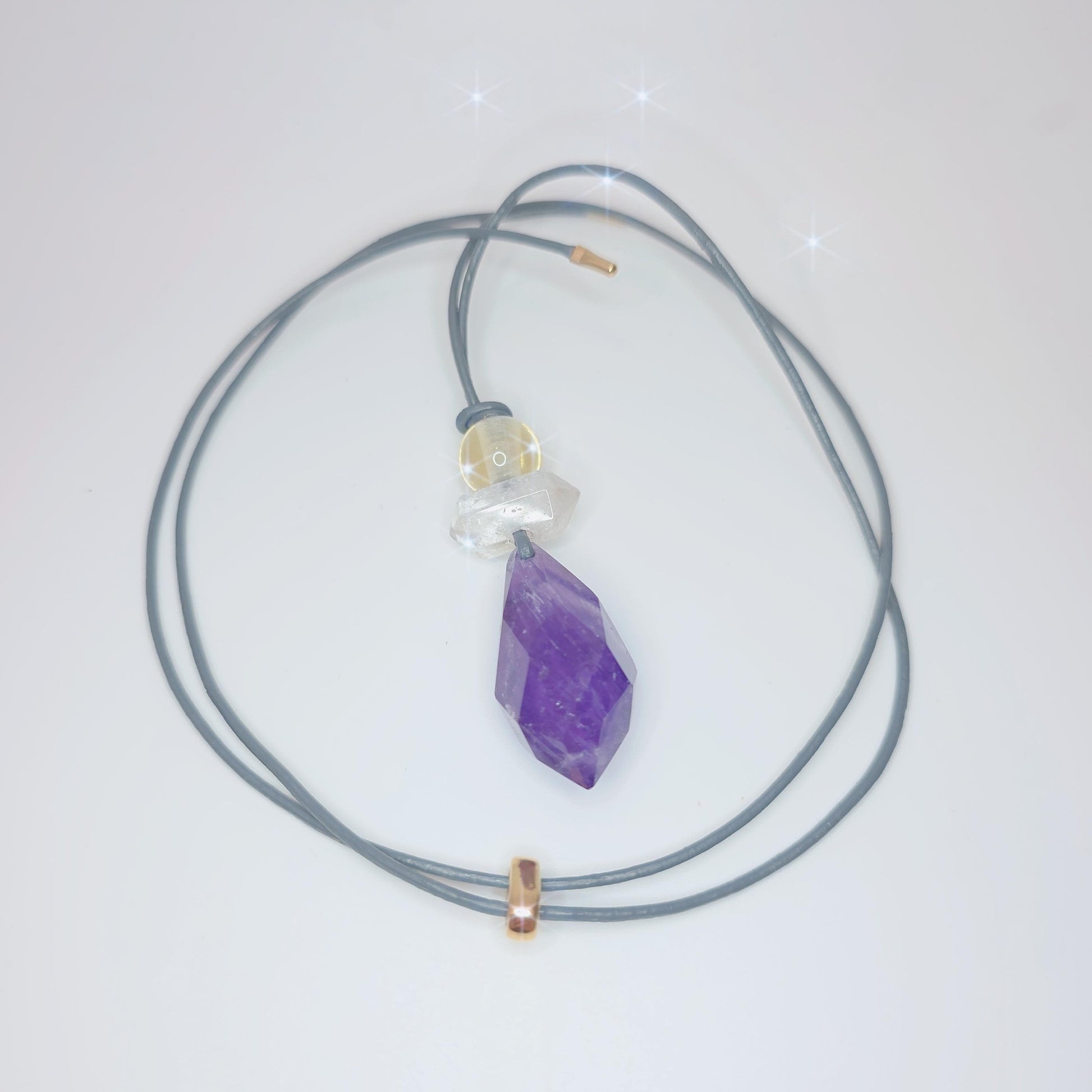 Chunky amethyst Necklace Clear Quartz Pendant Raw Crystal Jewelry citrine Birthstone Gift real leather cord adjustable up to 30 inches.