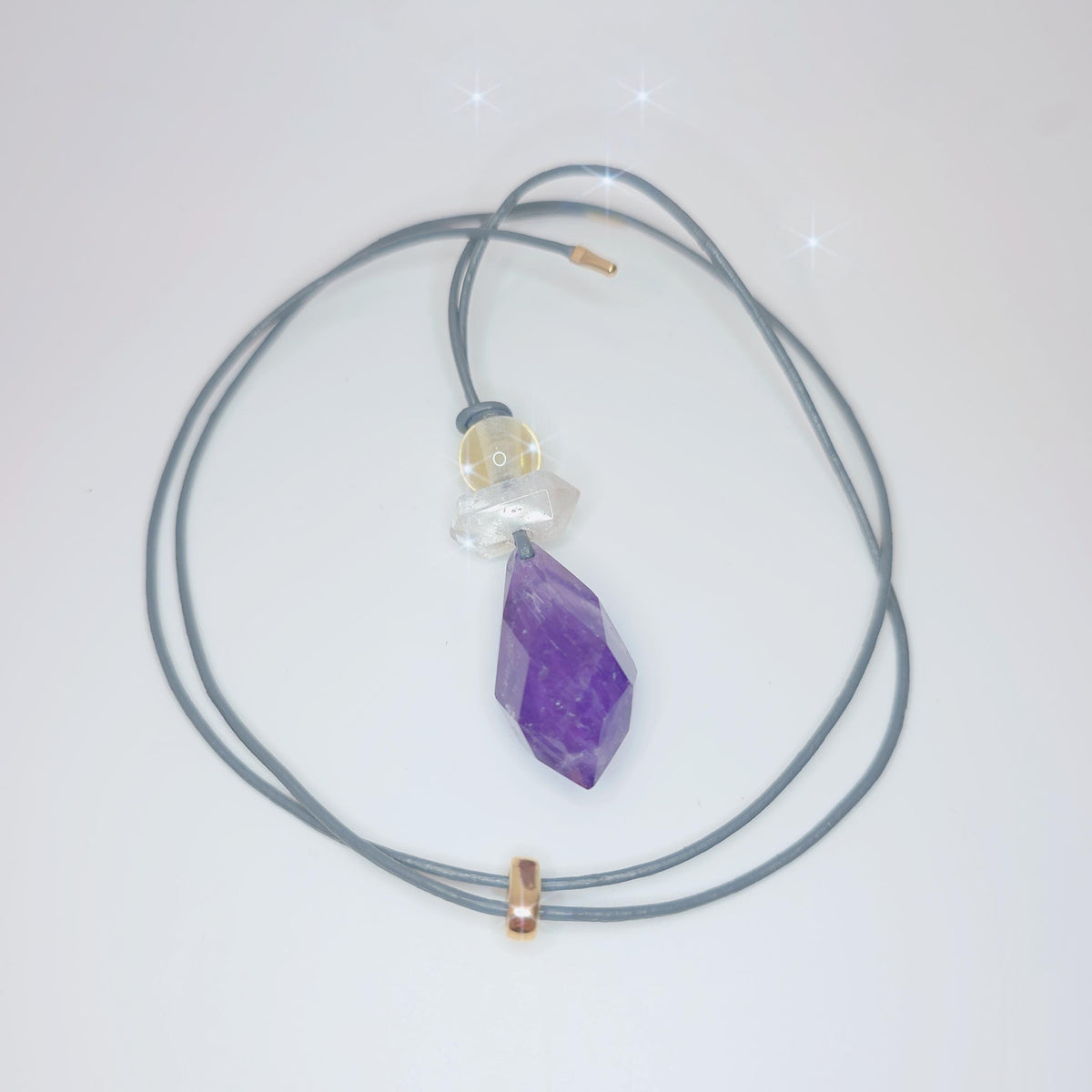 Chunky amethyst Necklace Clear Quartz Pendant Raw Crystal Jewelry citrine Birthstone Gift real leather cord adjustable up to 30 inches.