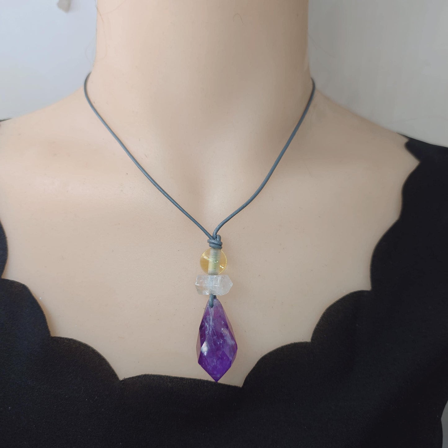 Chunky amethyst Necklace Clear Quartz Pendant Raw Crystal Jewelry citrine Birthstone Gift real leather cord adjustable up to 30 inches.