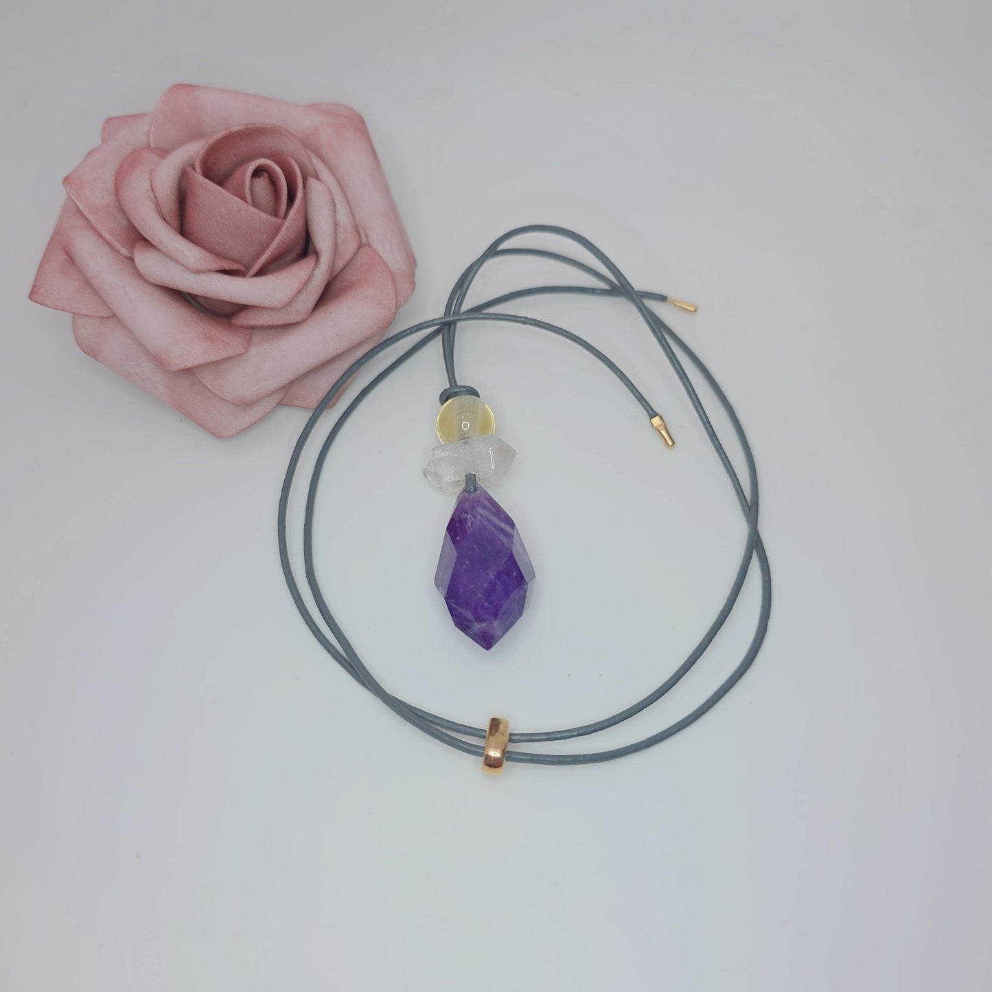 Chunky amethyst Necklace Clear Quartz Pendant Raw Crystal Jewelry citrine Birthstone Gift real leather cord adjustable up to 30 inches.